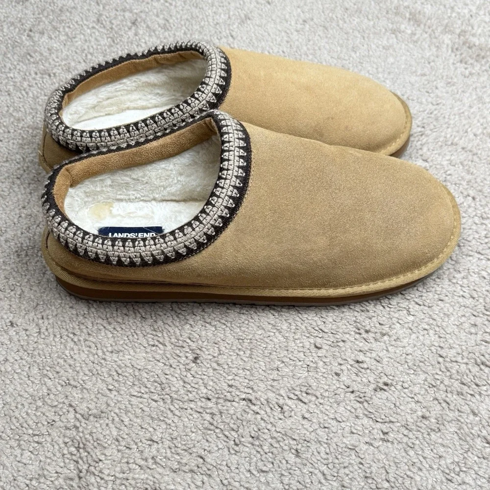 Land's End Suede‎ Tan Slippers Size Mens 10 EUC Soft Lining Lounge Cozy